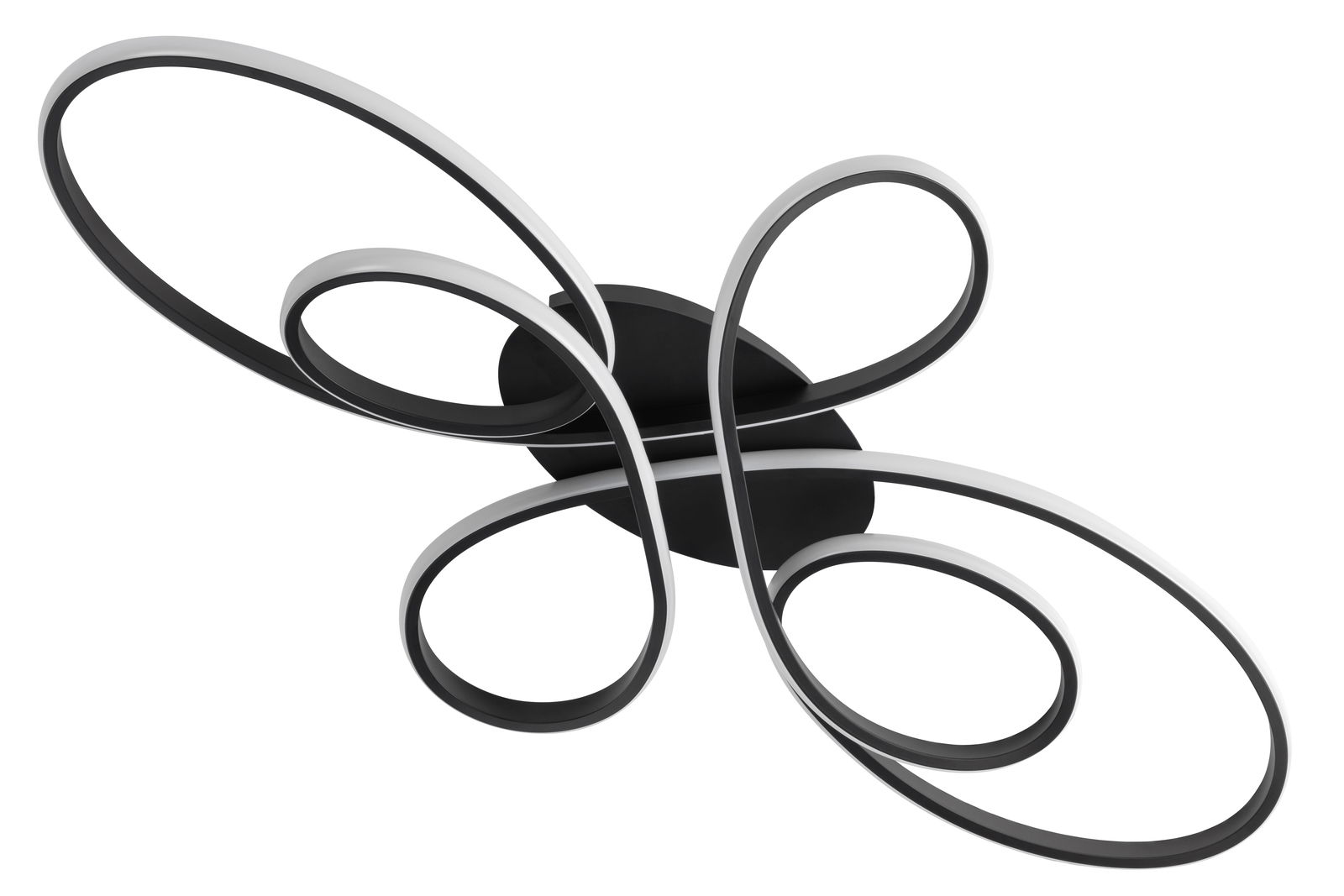 Moderne LED-Deckenleuchte mit geschwungenem Design, seitliche Perspektive