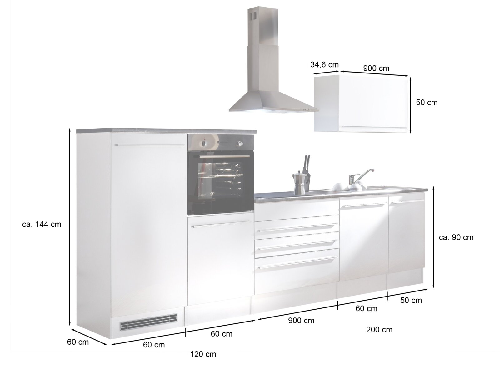 Witte keukenopstelling van ca. 200 cm breed met grijs werkblad, ingebouwde oven, spoelbak en afzuigkap; maatvoering zichtbaar; gefotografeerd in schuin vooraanzicht op witte achtergrond.