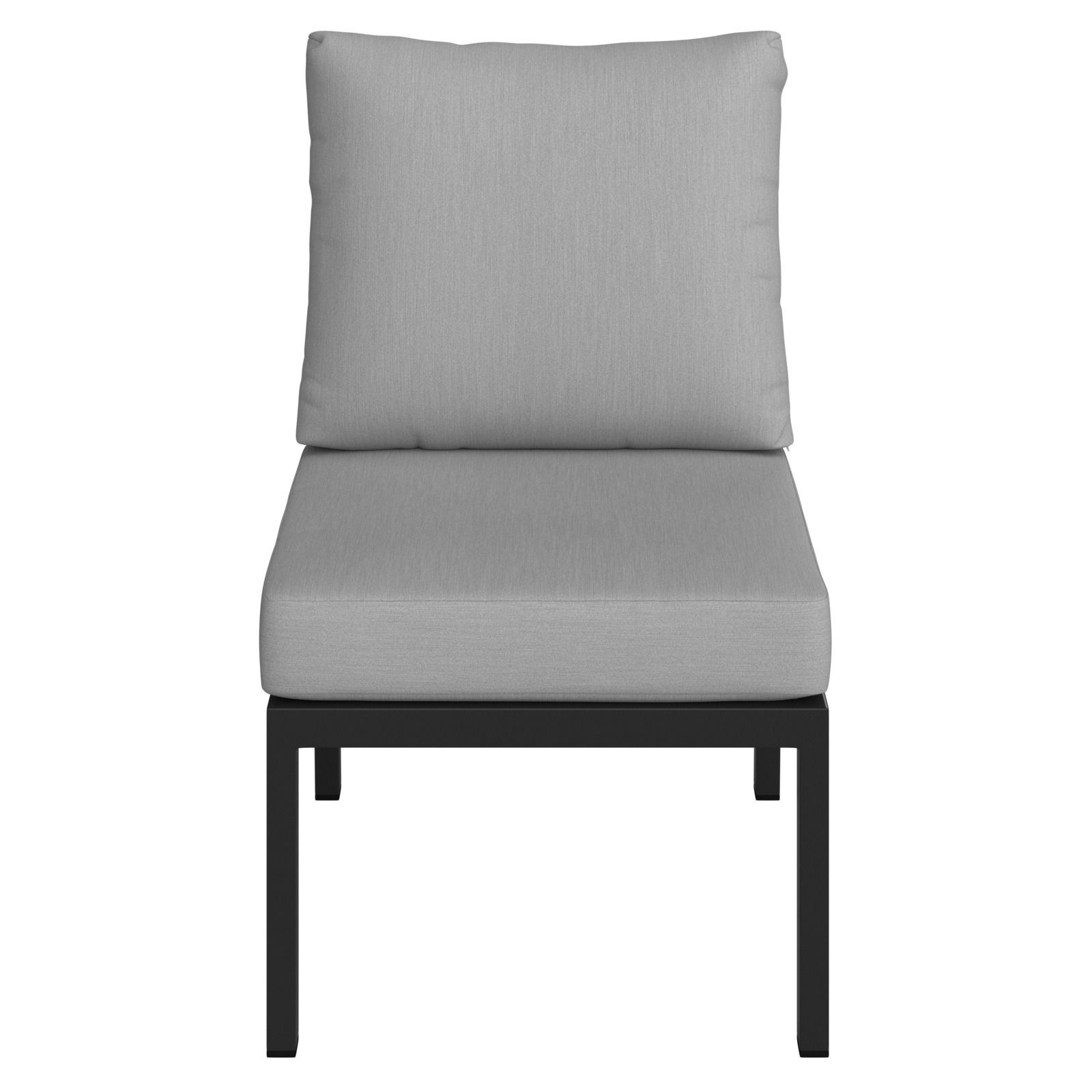 Frontansicht eines grauen Lounge-Mittelteils mit schwarzem Metallrahmen.