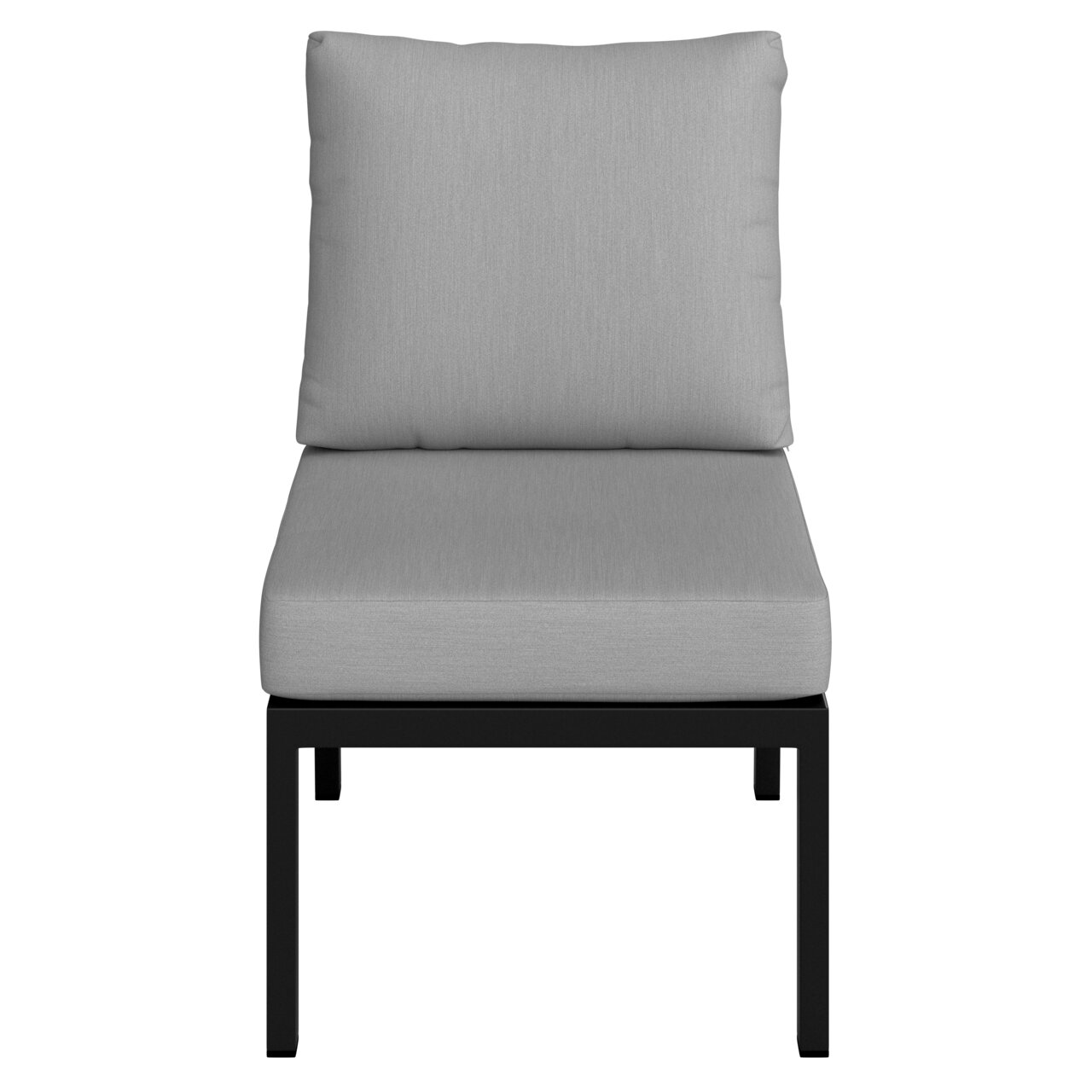 Vooraanzicht van een grijs loungemiddenstuk met een zwart metalen frame.