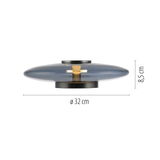 Seitenansicht der Tischleuchte PURE Vitrum mit einem Durchmesser von 32 cm und einer Höhe von 8,5 cm, modernes Design mit Glas und Metall.