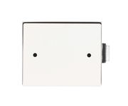 Frontansicht einer rechteckigen, weißen Akku-Wandleuchte mit zwei schwarzen Löchern.