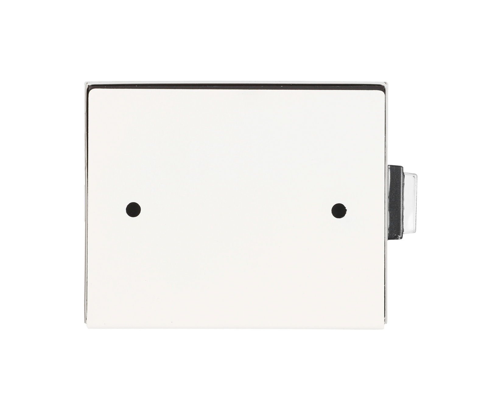 Frontansicht einer rechteckigen, weißen Akku-Wandleuchte mit zwei schwarzen Löchern.