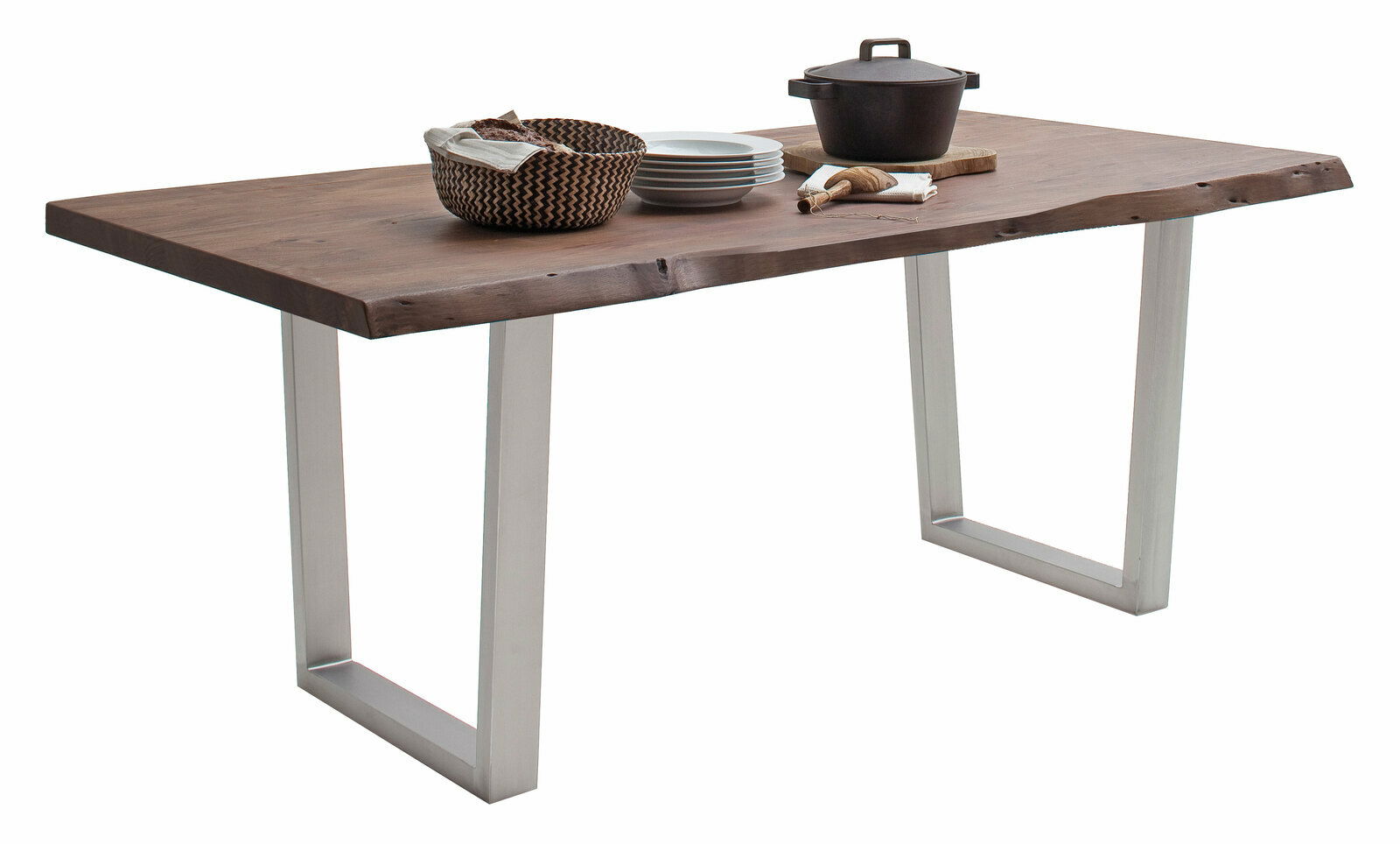 Moderner Esstisch mit natürlicher Holzplatte und Metallbeinen, seitliche Perspektive