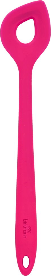 Rührlöffel in leuchtendem Pink, aus Silikon, mit ergonomischem Griff und Loch zum Aufhängen, Ansicht von oben.