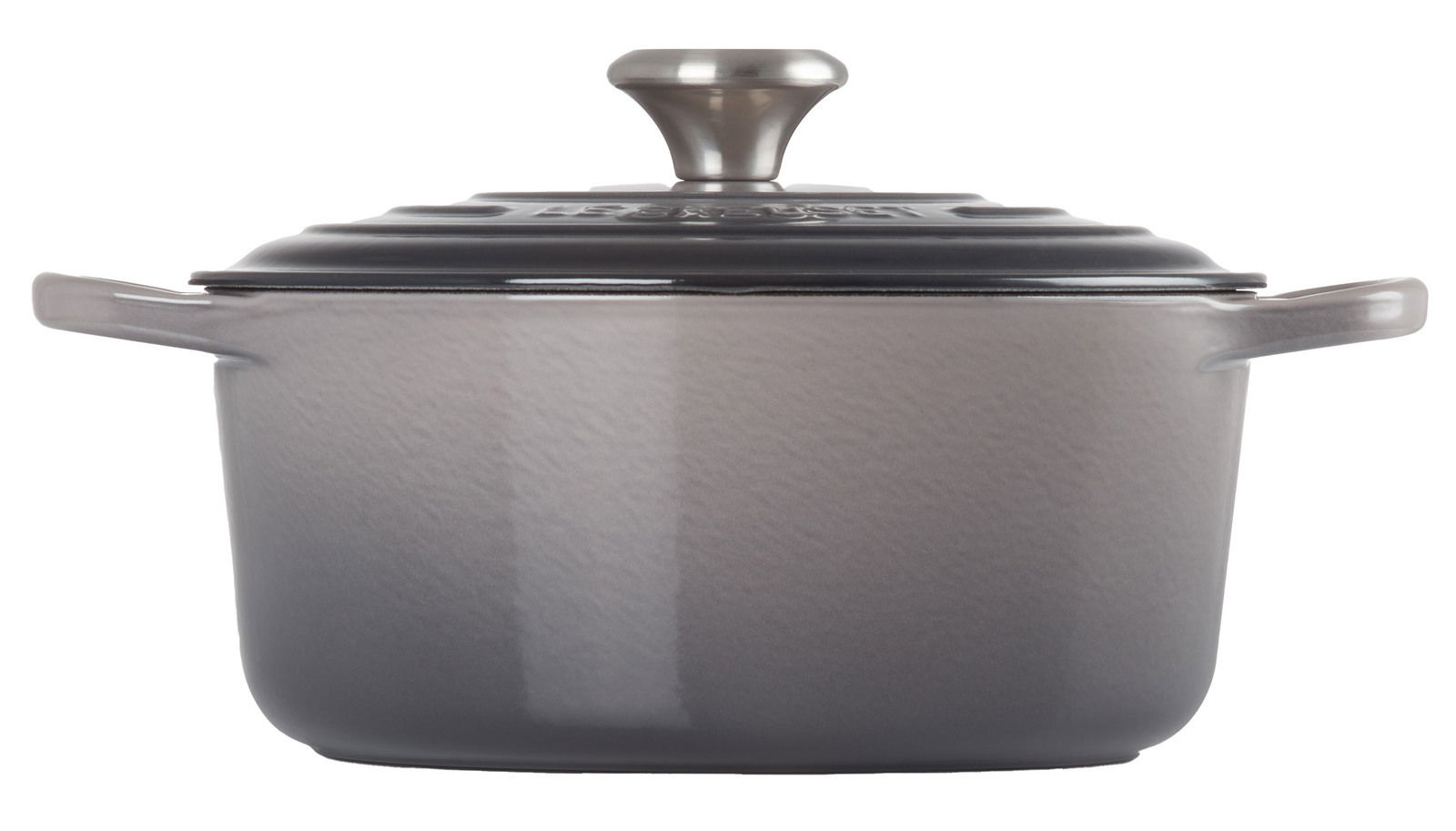 Runder Bräter Flint in grauer Farbe, seitliche Perspektive mit Deckel und Griffen.