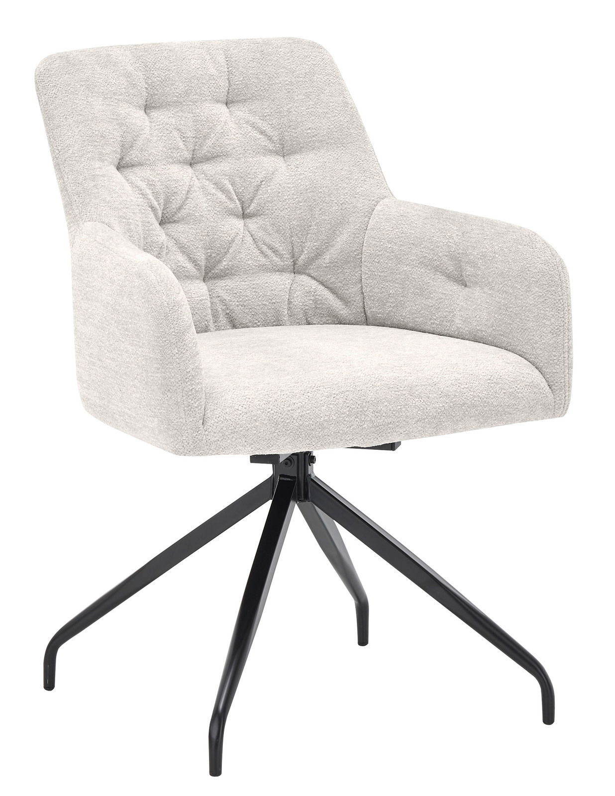 Moderner Armlehnstuhl mit hellgrauem Stoffbezug und schwarzem Metallgestell, seitliche Perspektive