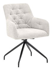 Moderner Armlehnstuhl mit hellgrauem Stoffbezug und schwarzem Metallgestell, seitliche Perspektive