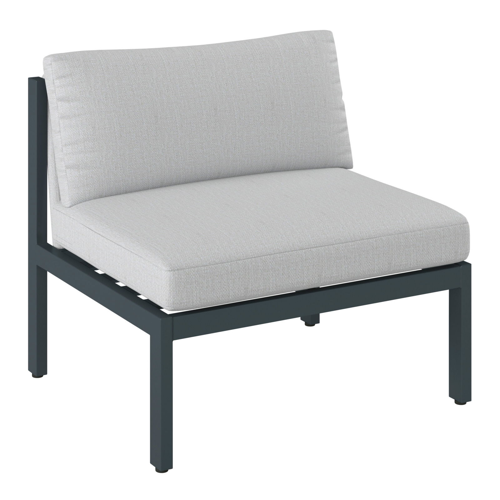 Modernes Lounge-Sofa ohne Armlehnen mit grauem Stoffbezug und schwarzem Metallrahmen, seitliche Perspektive