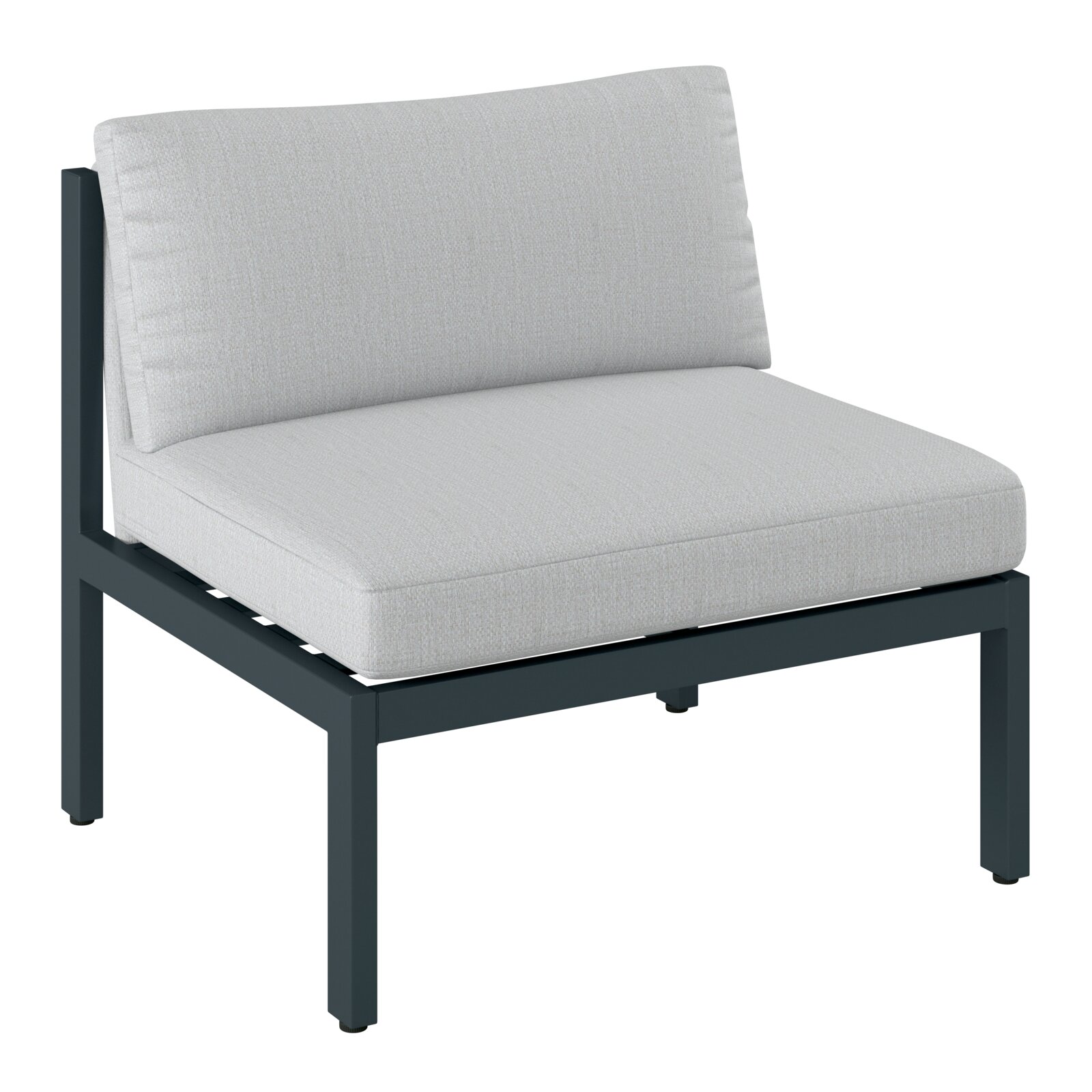 Moderne loungebank zonder armleuningen met grijze stoffen bekleding en een zwart metalen frame, zijaanzicht