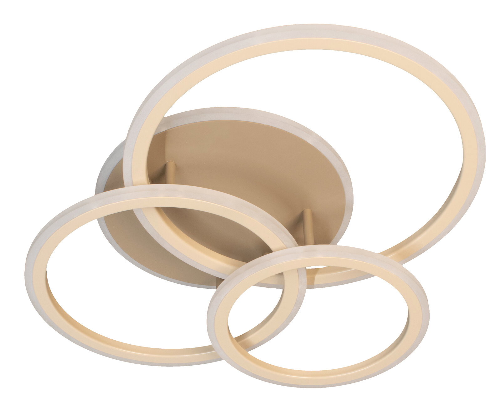 Moderne LED-Deckenleuchte mit drei überlappenden Leuchtringen in Weiß und warmweißem Licht, runde Deckenbasis in Beige/Gold, Ansicht schräg von unten (Untersicht) vor weißem Hintergrund