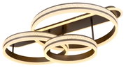 Moderne Deckenleuchte mit drei ineinander verschlungenen, beleuchteten Ringen aus der Seitenperspektive.