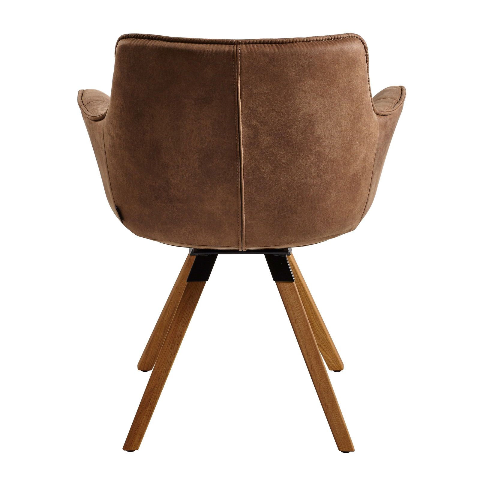 Rückansicht eines braunen Sessels mit Holzbeinen und gepolsterter Rückenlehne.