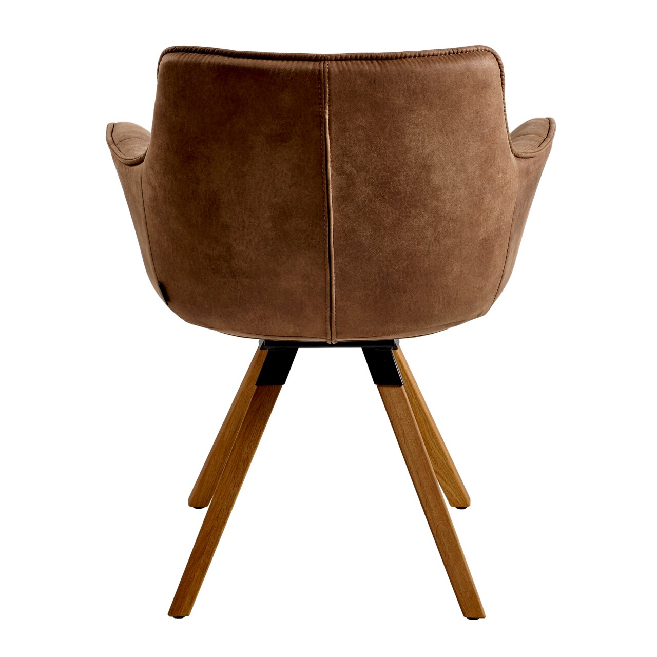 Rückansicht eines braunen Sessels mit Holzbeinen und gepolsterter Rückenlehne.