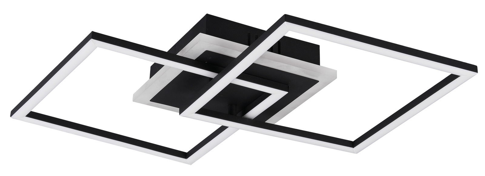 Moderne LED-Deckenleuchte VENIDA mit zwei überlappenden quadratischen Rahmen, 25W, 3000K, seitliche Perspektive