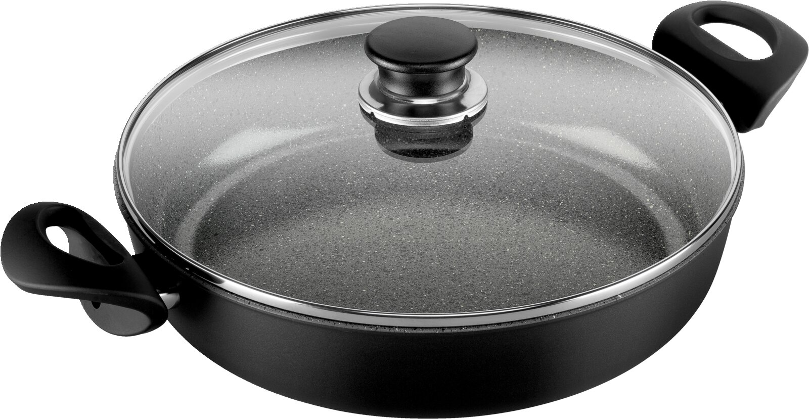 Schwarze Servierpfanne mit Glasdeckel und zwei Griffen, Ansicht von schräg oben