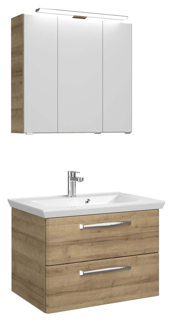 Pelipal Badblock 80cm TRENTINO Badezimmermöbel-Set mit Holzoptik, bestehend aus einem Spiegelschrank und einem Waschtisch mit zwei Schubladen, Frontalansicht