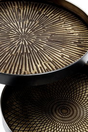 Nahaufnahme in schräger Draufsicht auf zwei runde, gold-schwarze Metalltabletts mit geprägtem Strahlen- und Rautenmuster