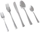 Set aus fünf Edelstahl-Besteckteilen, bestehend aus Gabel, Messer, Esslöffel, Teelöffel und Kuchengabel, in schräger Draufsicht.