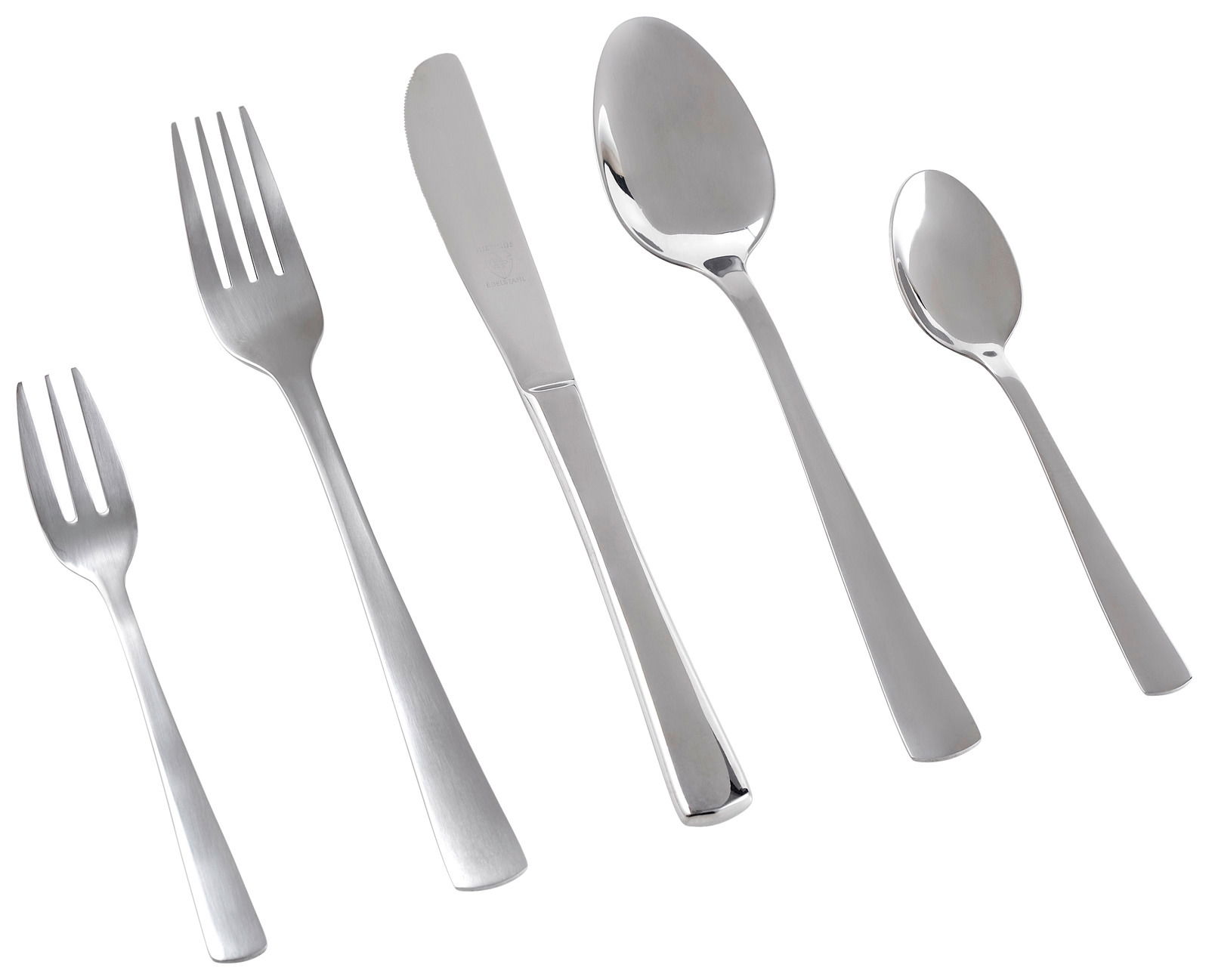 Set aus fünf Edelstahl-Besteckteilen, bestehend aus Gabel, Messer, Esslöffel, Teelöffel und Kuchengabel, in schräger Draufsicht.
