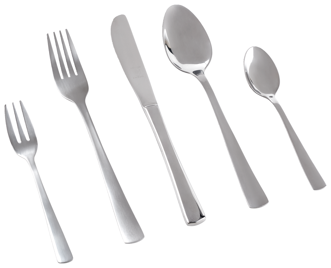 Set aus fünf Edelstahl-Besteckteilen, bestehend aus Gabel, Messer, Esslöffel, Teelöffel und Kuchengabel, in schräger Draufsicht.