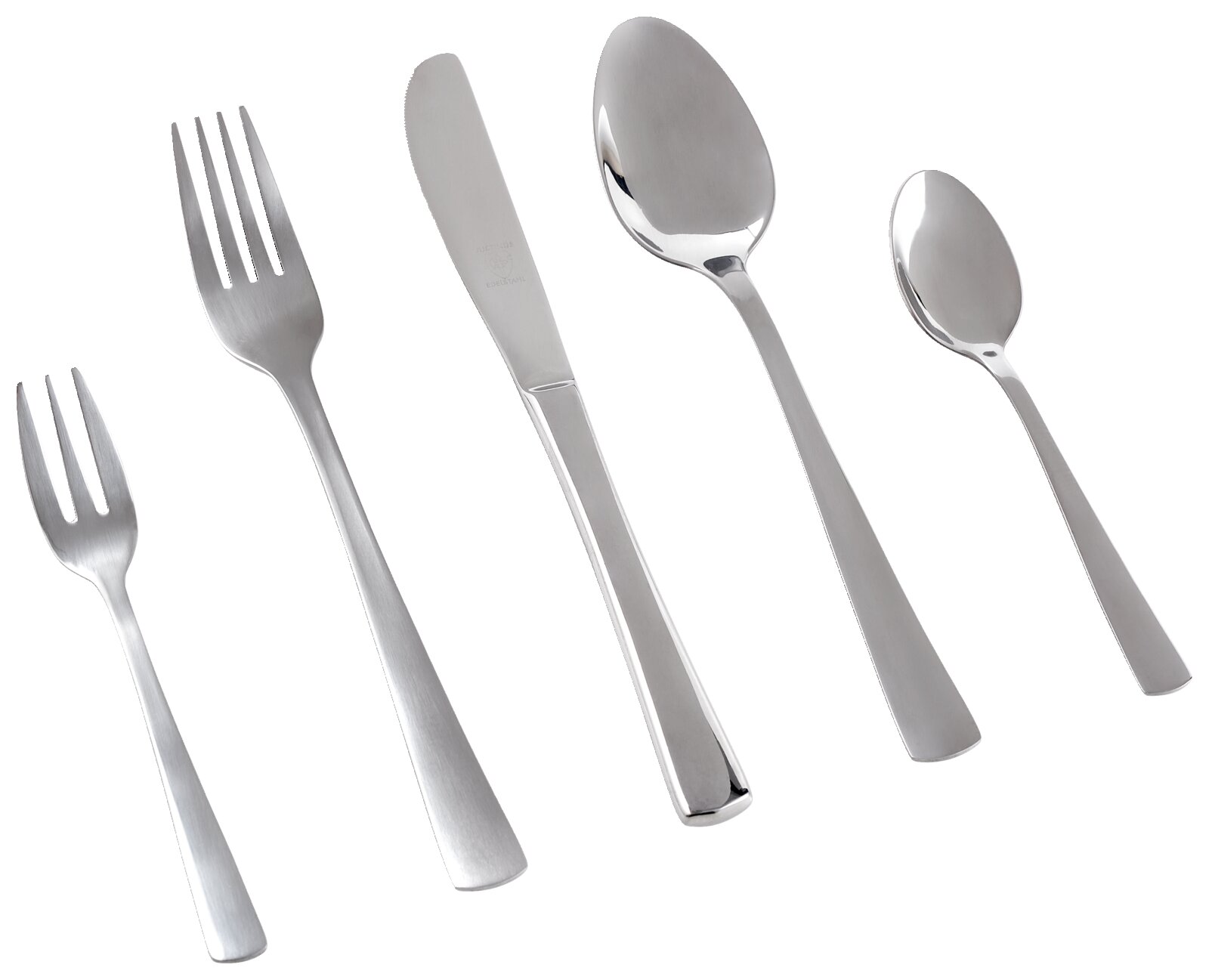 Set aus fünf Edelstahl-Besteckteilen, bestehend aus Gabel, Messer, Esslöffel, Teelöffel und Kuchengabel, in schräger Draufsicht.