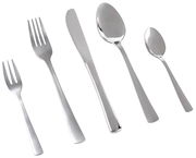 Set aus fünf Edelstahl-Besteckteilen, bestehend aus Gabel, Messer, Esslöffel, Teelöffel und Kuchengabel, in schräger Draufsicht.