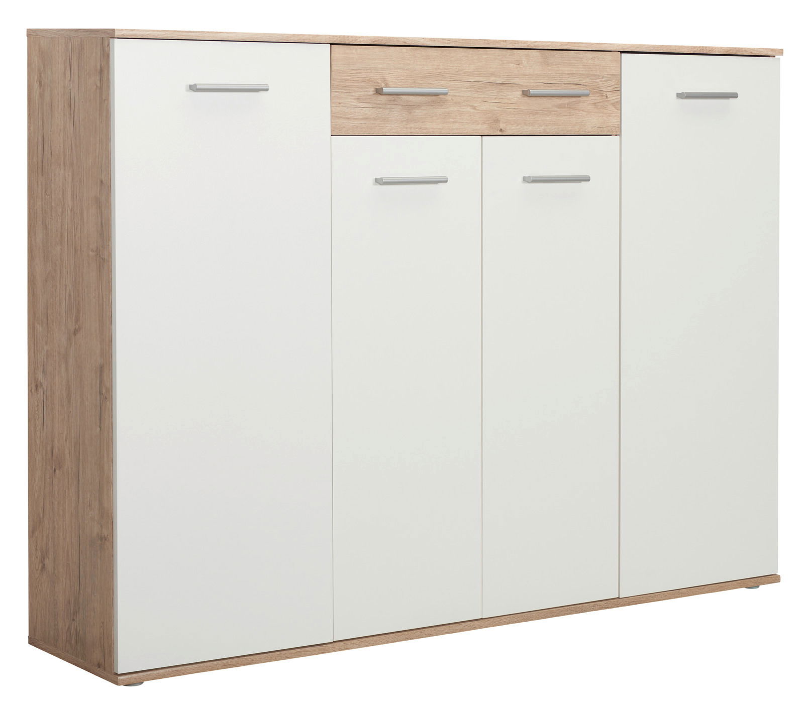 Moderner XL-Schuhschrank in Holzoptik mit weißen Türen und Schublade, seitliche Perspektive