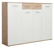 Moderner XL-Schuhschrank in Holzoptik mit weißen Türen und Schublade, seitliche Perspektive