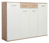 Moderner XL-Schuhschrank in Holzoptik mit weißen Türen und Schublade, seitliche Perspektive