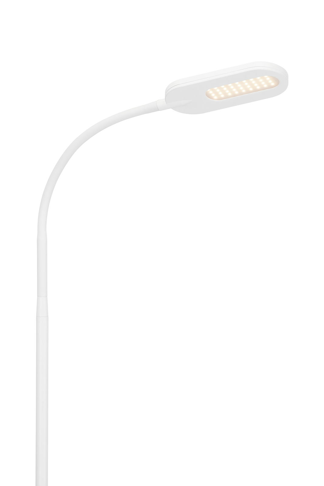 Weiße CCT LED Stehleuchte mit gebogenem Hals, seitliche Perspektive
