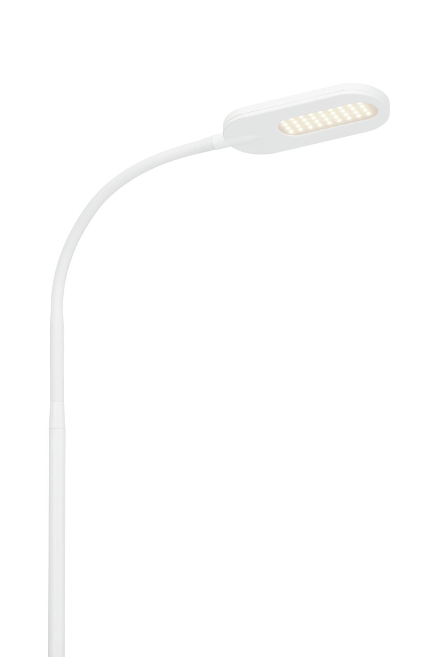 Weiße CCT LED Stehleuchte mit gebogenem Hals, seitliche Perspektive