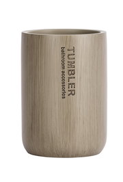 Zahnputzbecher Palo taupe aus seitlicher Perspektive mit vertikaler Beschriftung 'Tumbler bathroom accessories'.