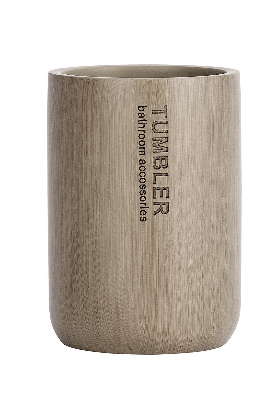 Zahnputzbecher Palo taupe aus seitlicher Perspektive mit vertikaler Beschriftung 'Tumbler bathroom accessories'.
