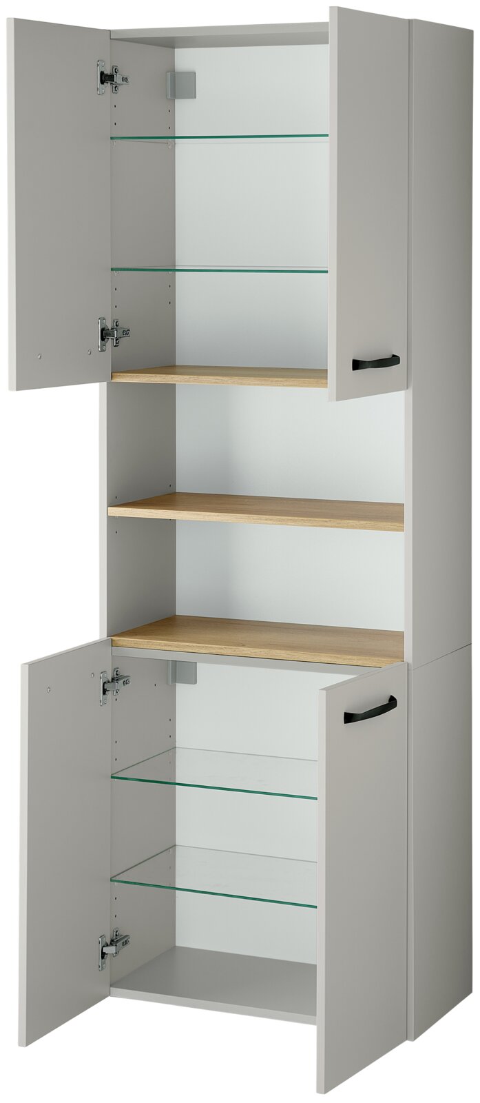 Hoher Badezimmer-Hochschrank in Grau mit offenen Holzablagen und Glasböden, beide Türpaare geöffnet mit schwarzen Griffen, Frontansicht in leichter Schrägperspektive