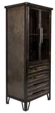 Industrielles Highboard aus Metall mit Glastüren und Schubladen, seitliche Perspektive