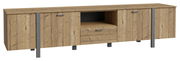 TV-Lowboard aus Holz mit zwei Türen, einer Schublade und einem offenen Fach, frontal betrachtet