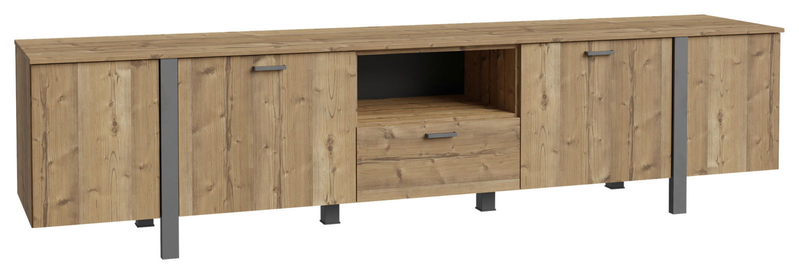 Hom´in TV-Lowboard MANHATTAN TV-Lowboard aus Holz mit zwei Türen, einer Schublade und einem offenen Fach, frontal betrachtet