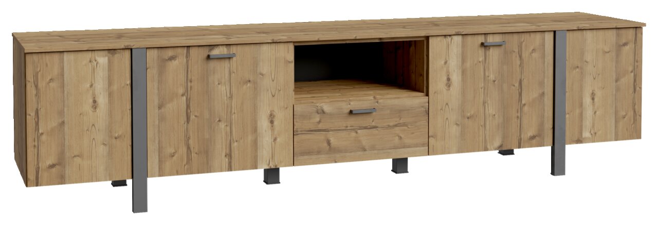 TV-Lowboard aus Holz mit zwei Türen, einer Schublade und einem offenen Fach, frontal betrachtet