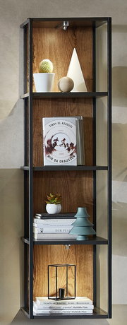 Modernes Wandregal mit schwarzem Metallrahmen und Holzböden, dekoriert mit Büchern, Pflanzen und einer Lampe, seitliche Perspektive.