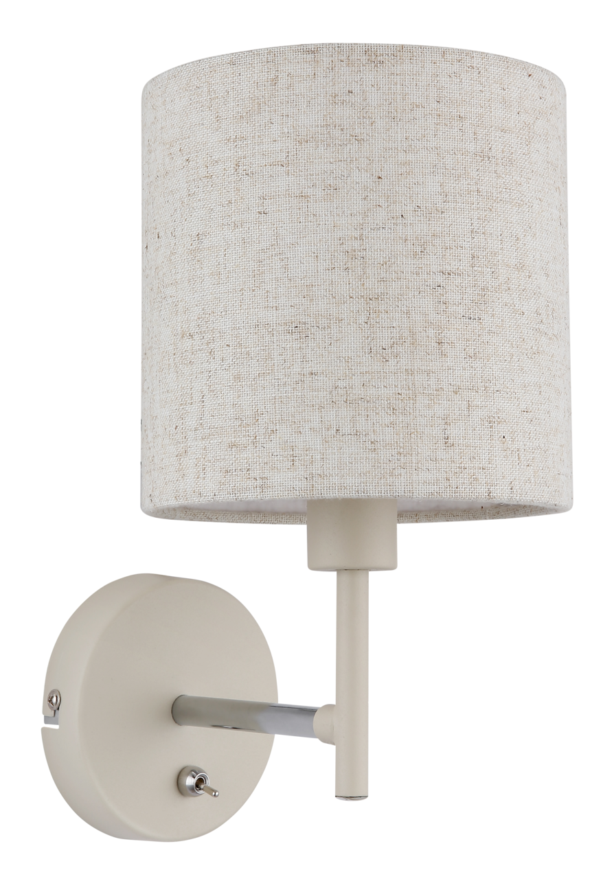 Wandleuchte mit rundem, beigem Stoffschirm und Metallhalterung, seitliche Perspektive