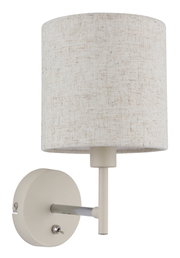 Wandleuchte mit rundem, beigem Stoffschirm und Metallhalterung, seitliche Perspektive