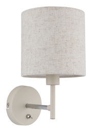 Wandleuchte mit rundem, beigem Stoffschirm und Metallhalterung, seitliche Perspektive