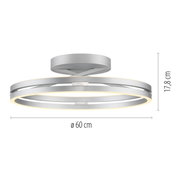 Moderne Deckenleuchte PURE Loop in Silber mit zwei leuchtenden Ringen, seitliche Perspektive, Durchmesser 60 cm, Höhe 17,8 cm.