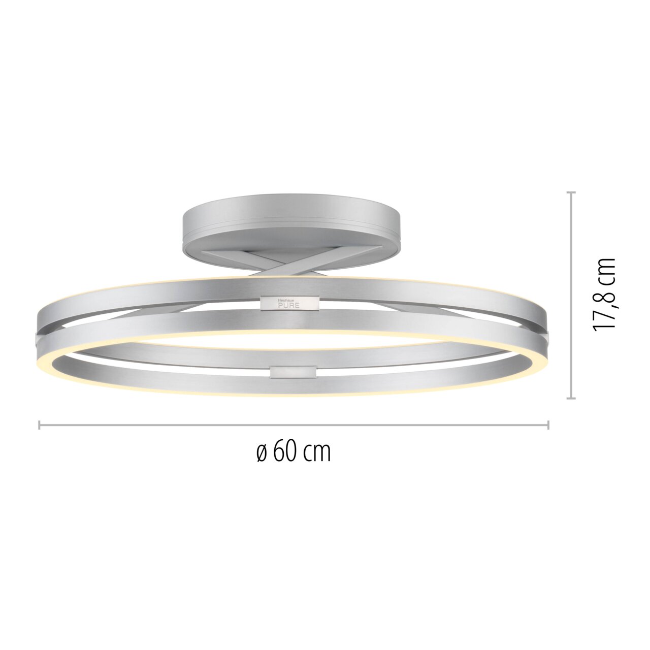 Moderne Deckenleuchte PURE Loop in Silber mit zwei leuchtenden Ringen, seitliche Perspektive, Durchmesser 60 cm, Höhe 17,8 cm.