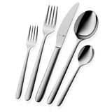 Elegantes Besteckset aus Edelstahl, bestehend aus Messer, Gabeln und Löffeln, in einer schrägen Draufsicht.