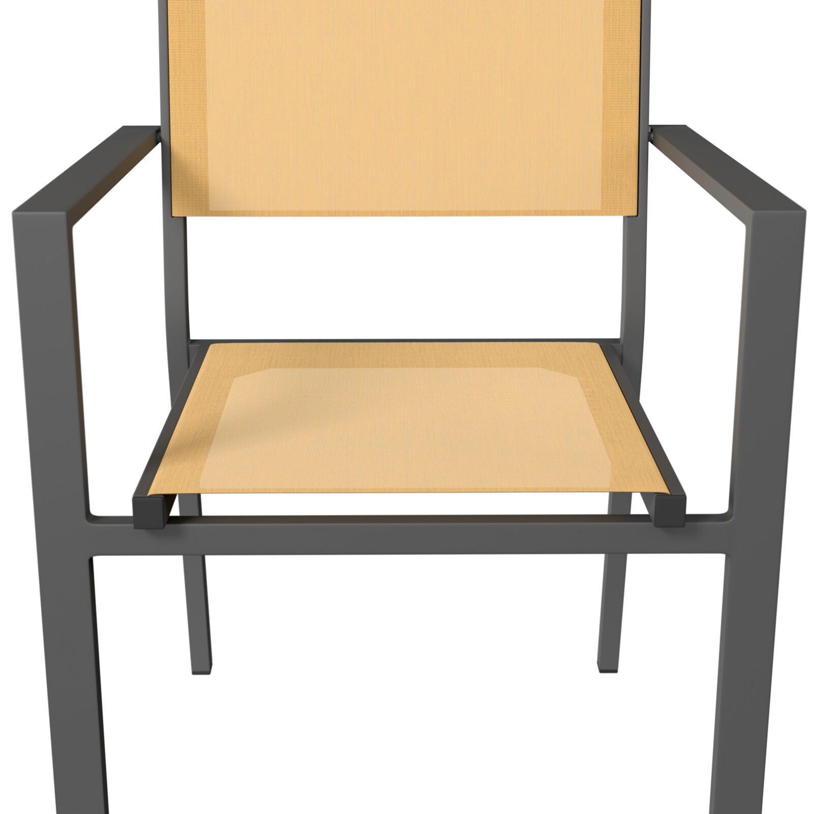 Moderner Stapelsessel mit Holzsitz und -lehne, schwarzem Metallrahmen, Frontalansicht