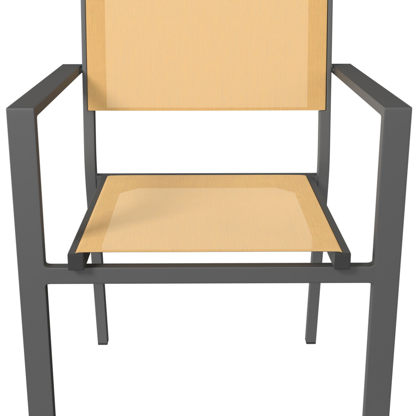 Moderner Stapelsessel mit Holzsitz und -lehne, schwarzem Metallrahmen, Frontalansicht