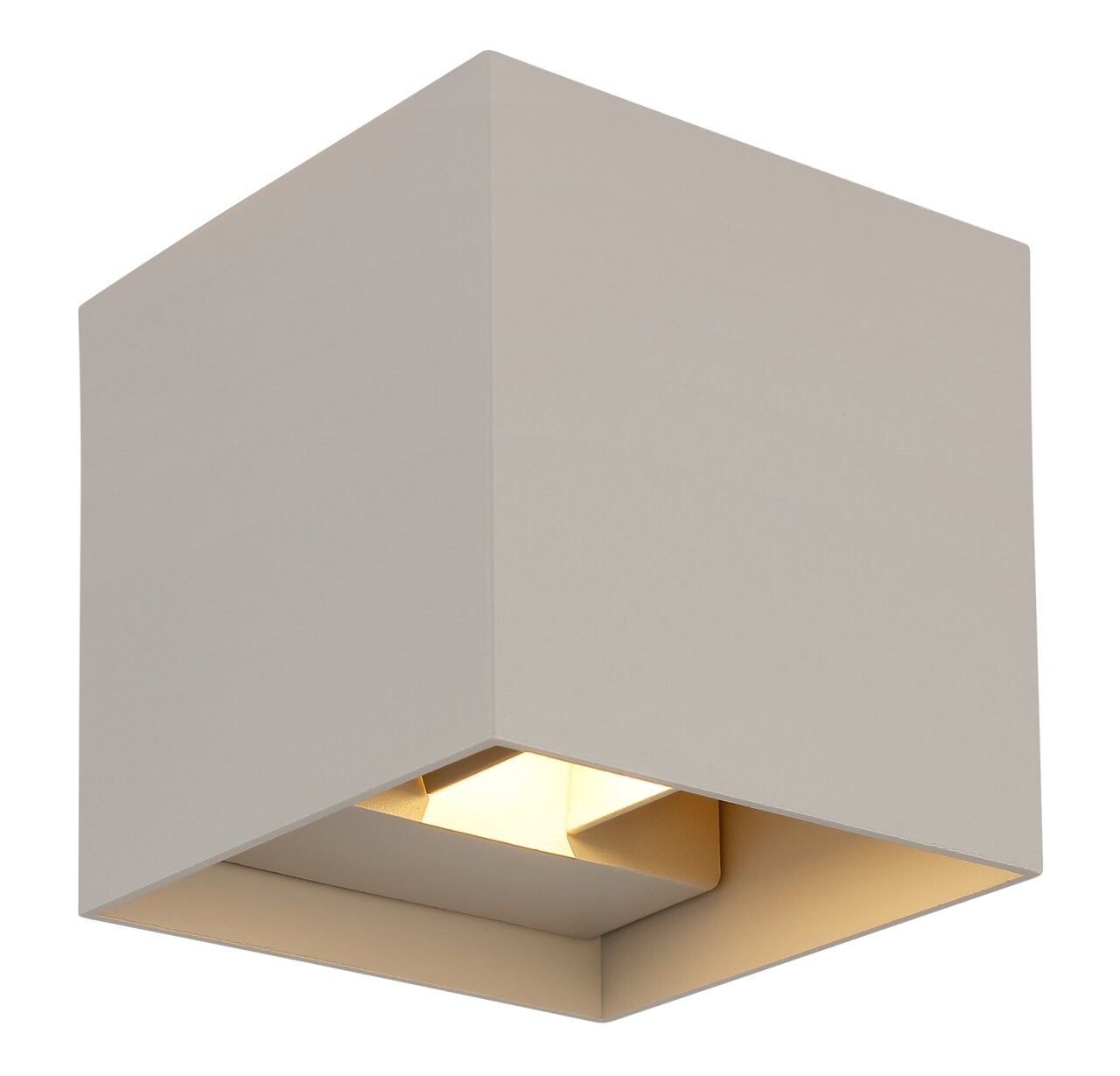 Moderne, kubische Außen-Wandleuchte in Beige, seitliche Perspektive