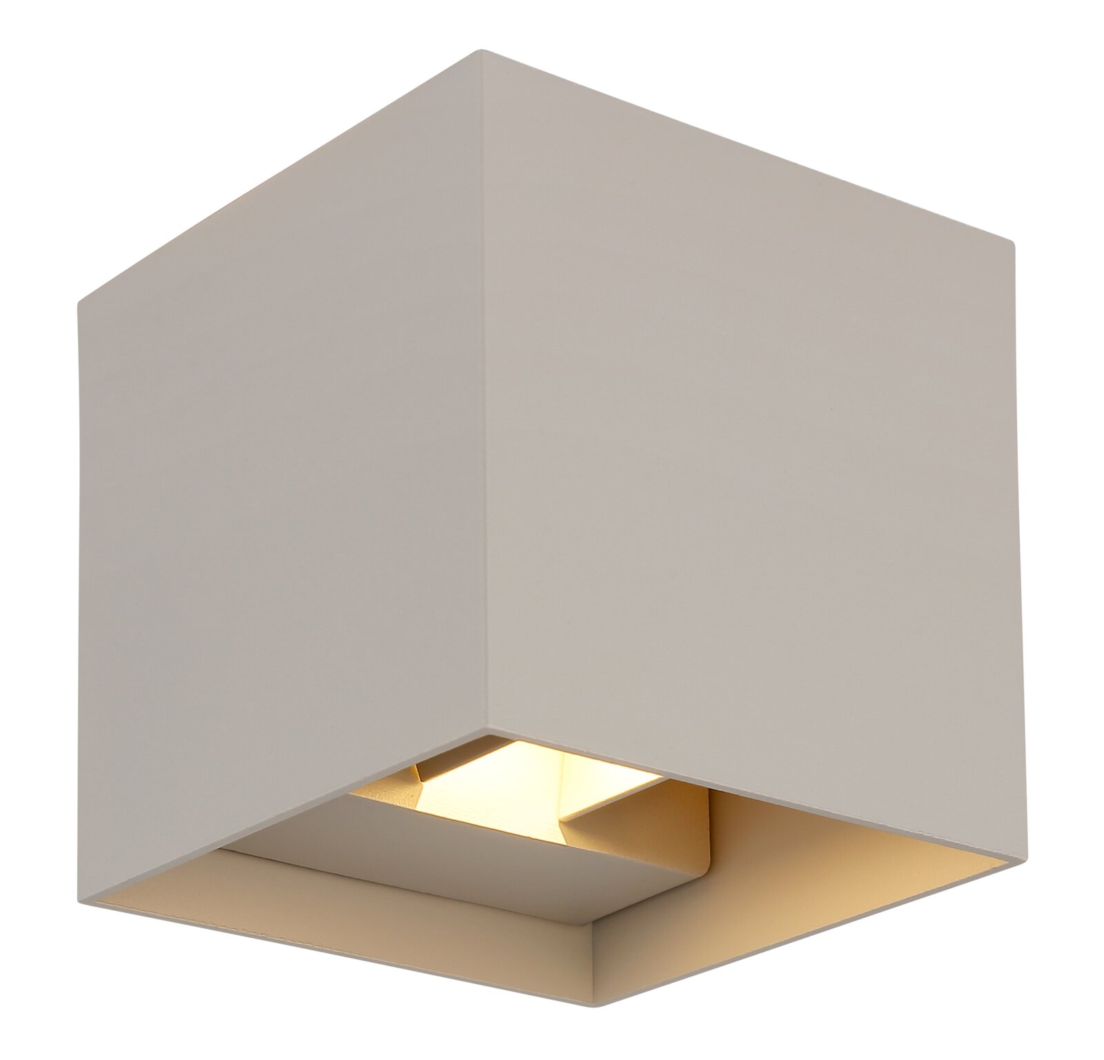Moderne, kubische Außen-Wandleuchte in Beige, seitliche Perspektive